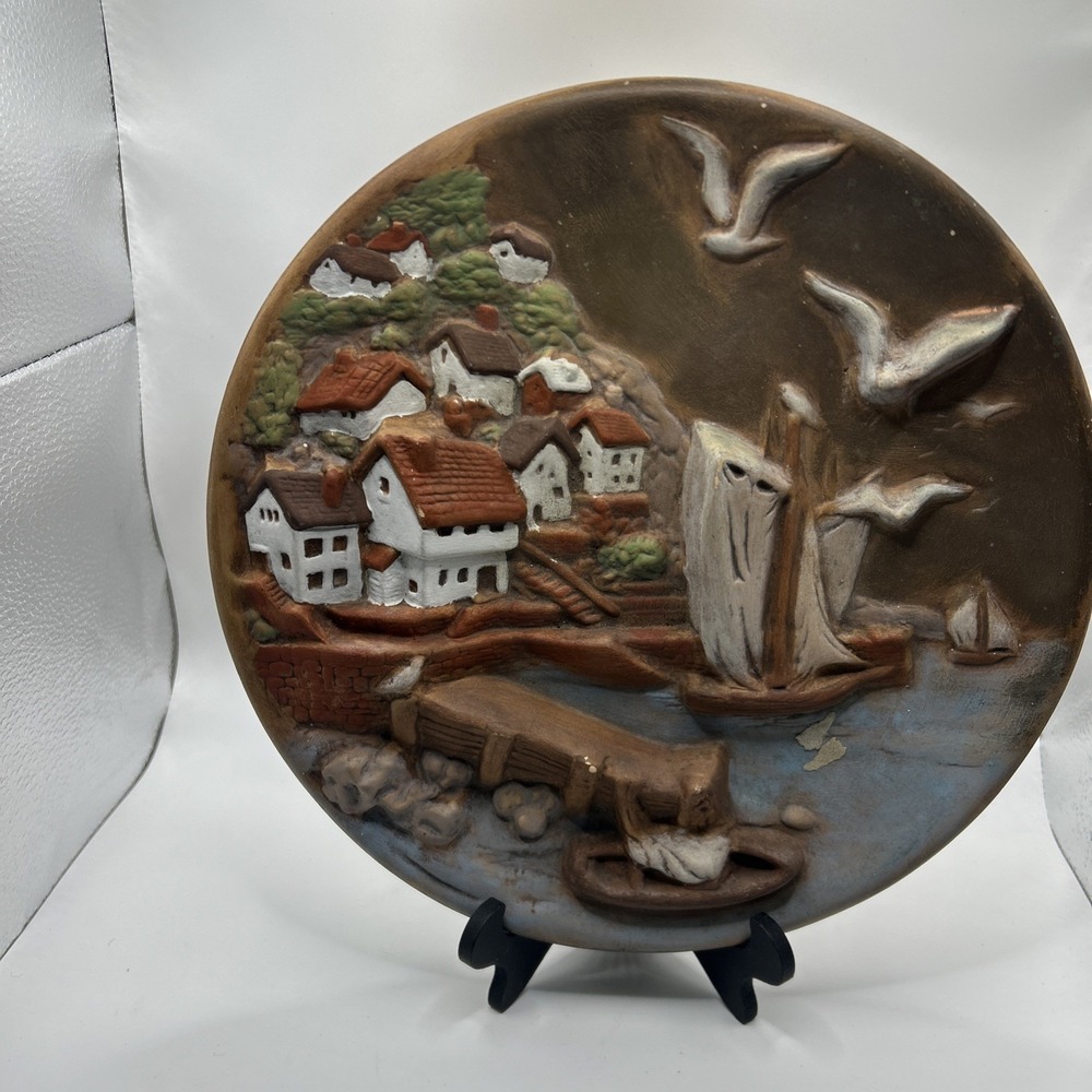 Vtg 1975 Chalkware Wall Plaque Plaster 3D Coastal Seaside Village Boat Seagull